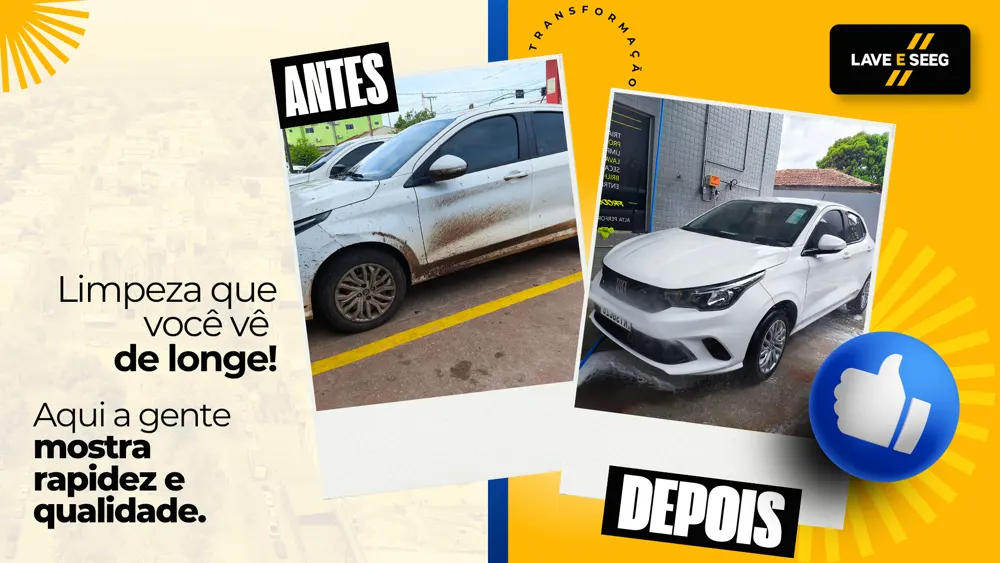 Antes e depois de um carro lavado no Lave e Seeg